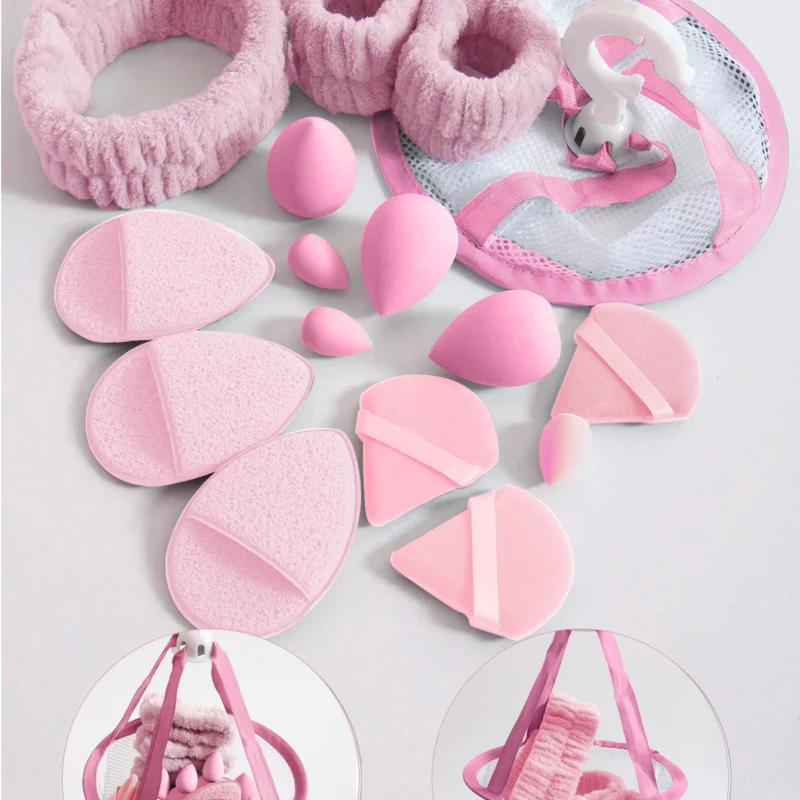 16pcs Makeup Tool Set With Storage Mesh Bag: 1 Mesh Bag, 1 Headband, 2 Wristbands For Face Wash, 3 Face Wash Gloves, 3 Powder